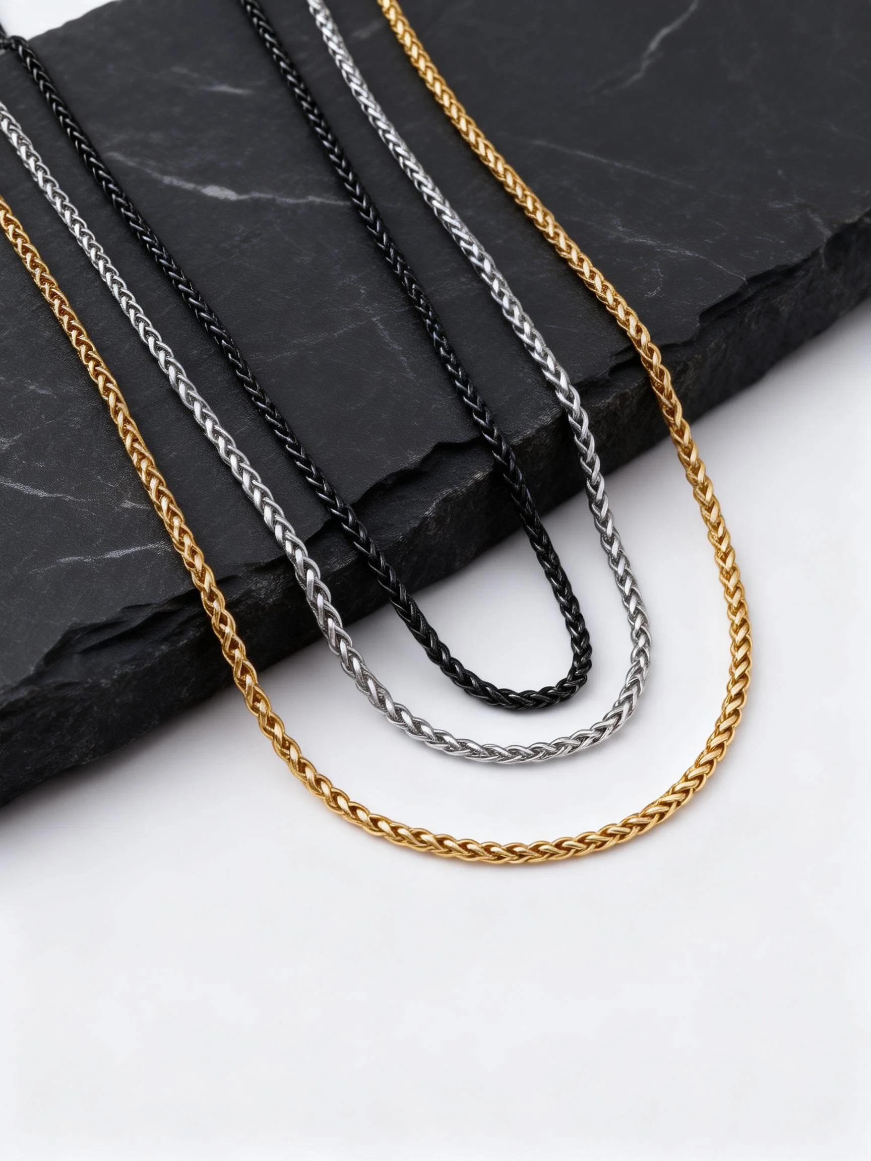 Edelstahl-Weizenkette für Männer und Jungen, 3mm Silber Gold Schwarz Farbige Gliederkette, Rock Punk Schmuck Geschenk – Detail 2