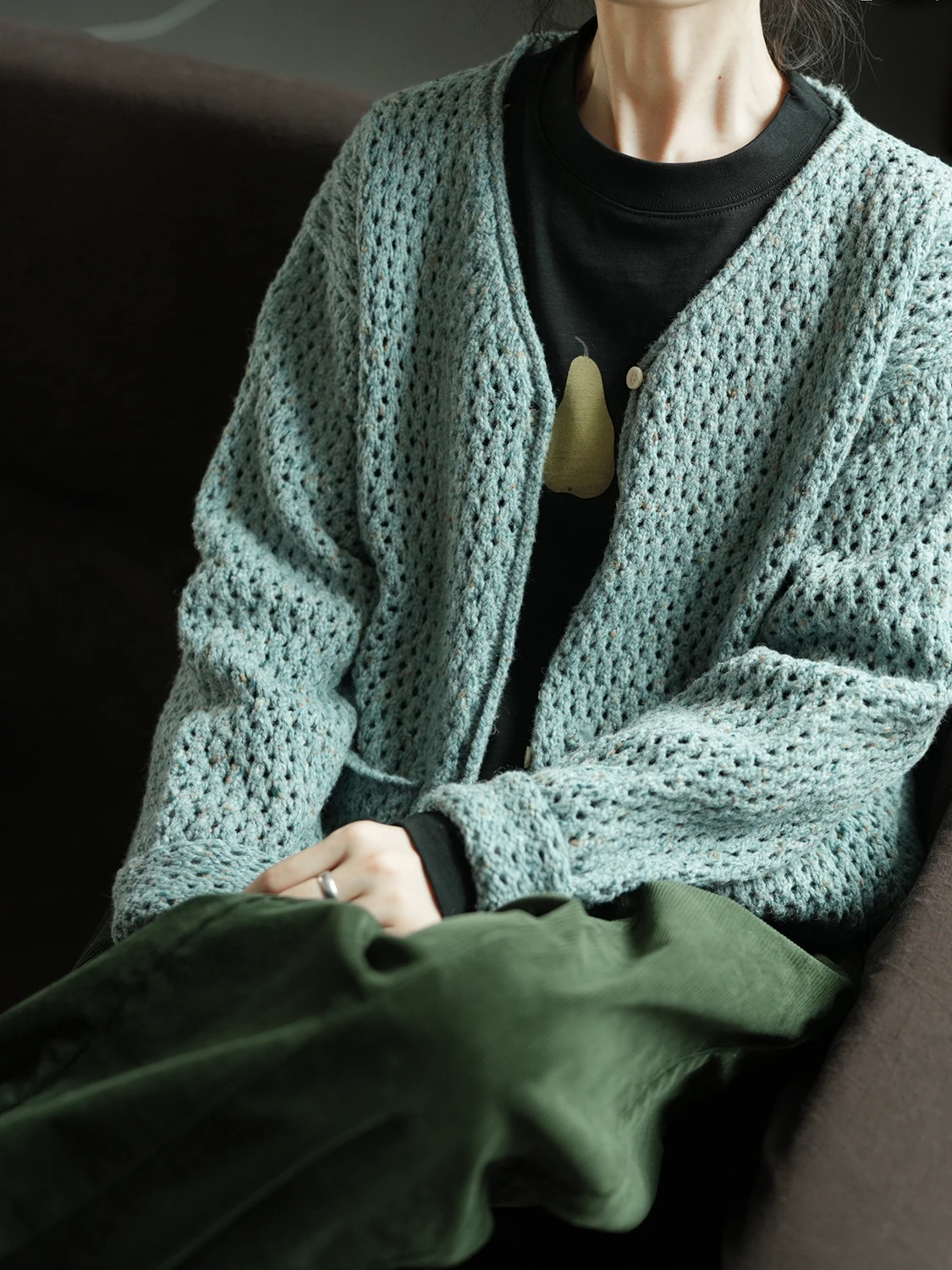 

Lrcp Two People's Production S No.70 Starry Light Knitted Open Cardigan with Button Hollow out Design Women's Sweater