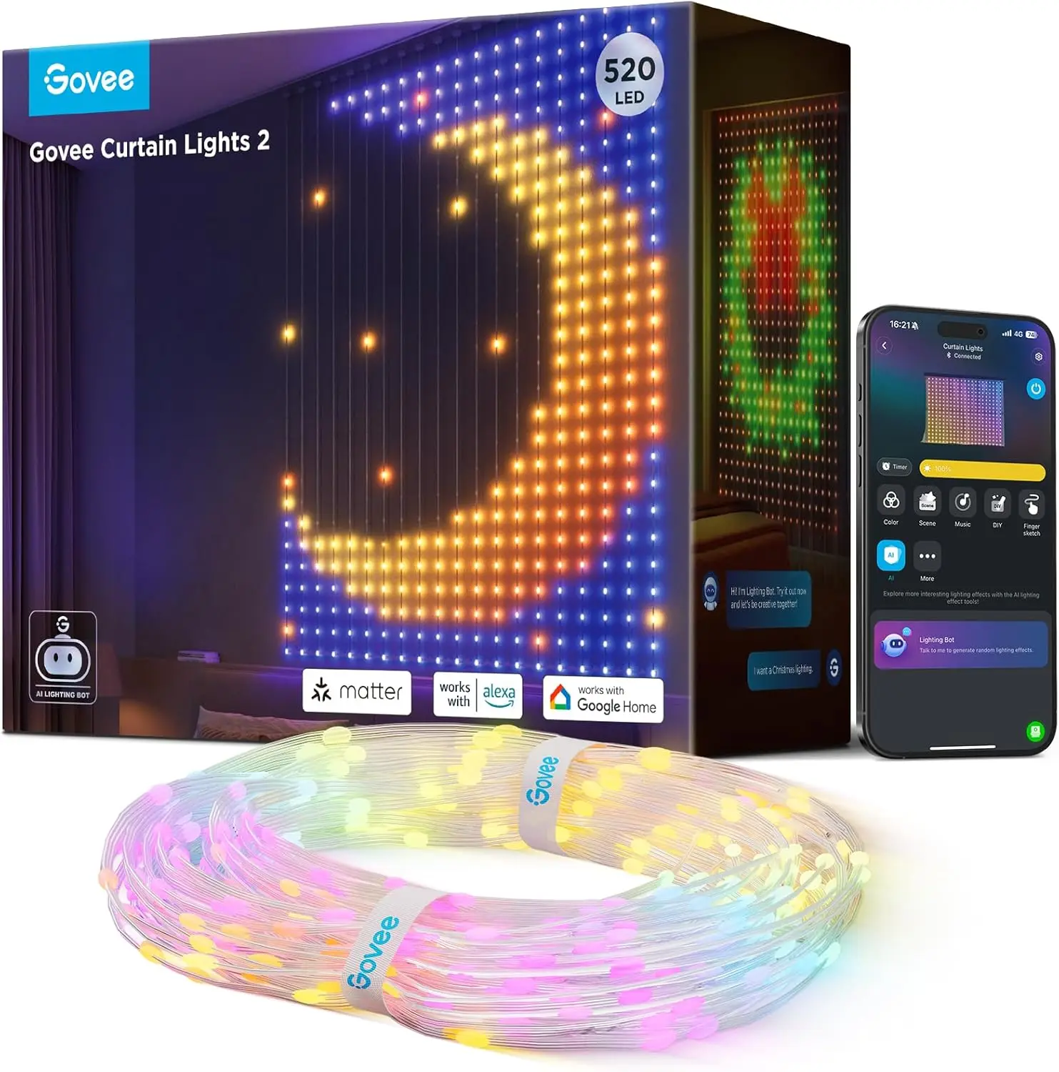 

Умные светодиодные гирлянды-шторы 520 LED RGBIC с изменением цвета, DIY GIF AIGC, IP65 водонепроницаемые, для внутреннего и наружного использования, праздничный декор