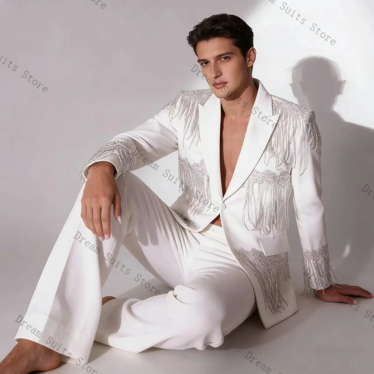 

White Crystals Beading Men Suit Set 2 Pcs Blazer+Pants Trousers Customized Spring Formal Office Jacket Wedding Tuxedos Prom Coat