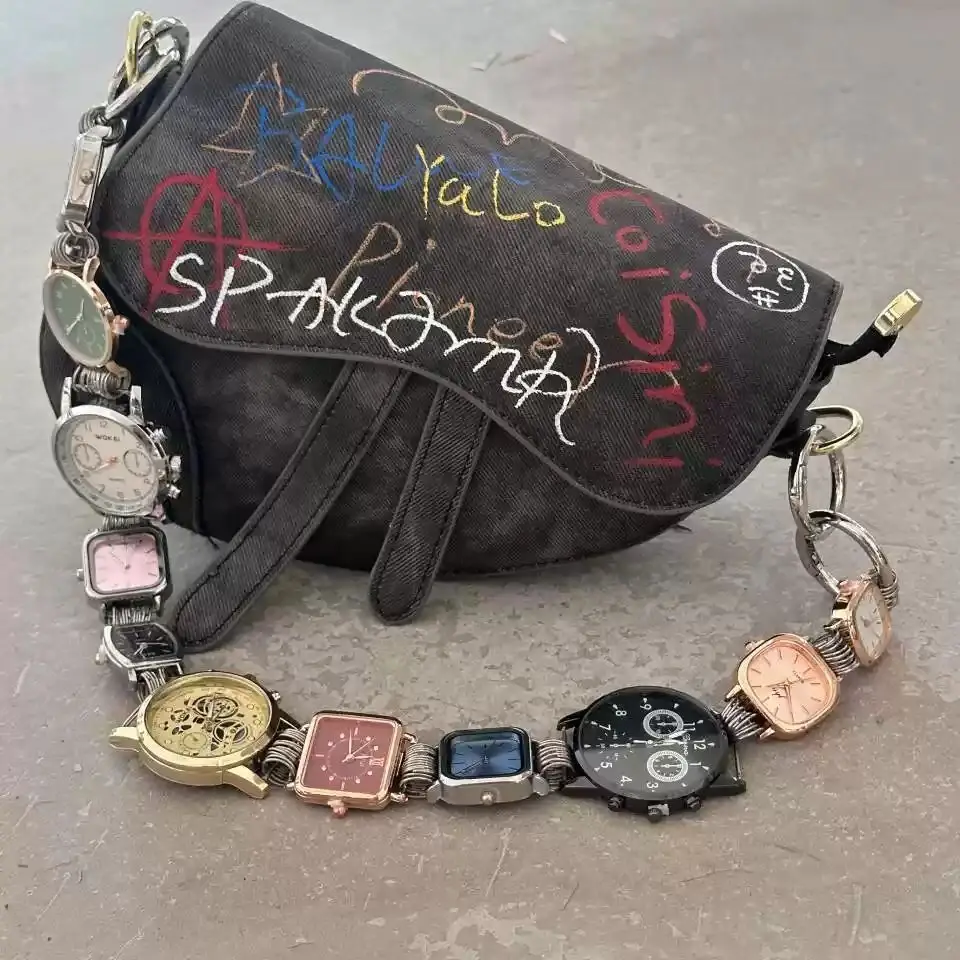 

Women's Graffiti Saddle Bag with Vintage Watch Strap, Punk Y2K Crossbody & Armpit Bag, Niche Streetwear Shoulder Purse