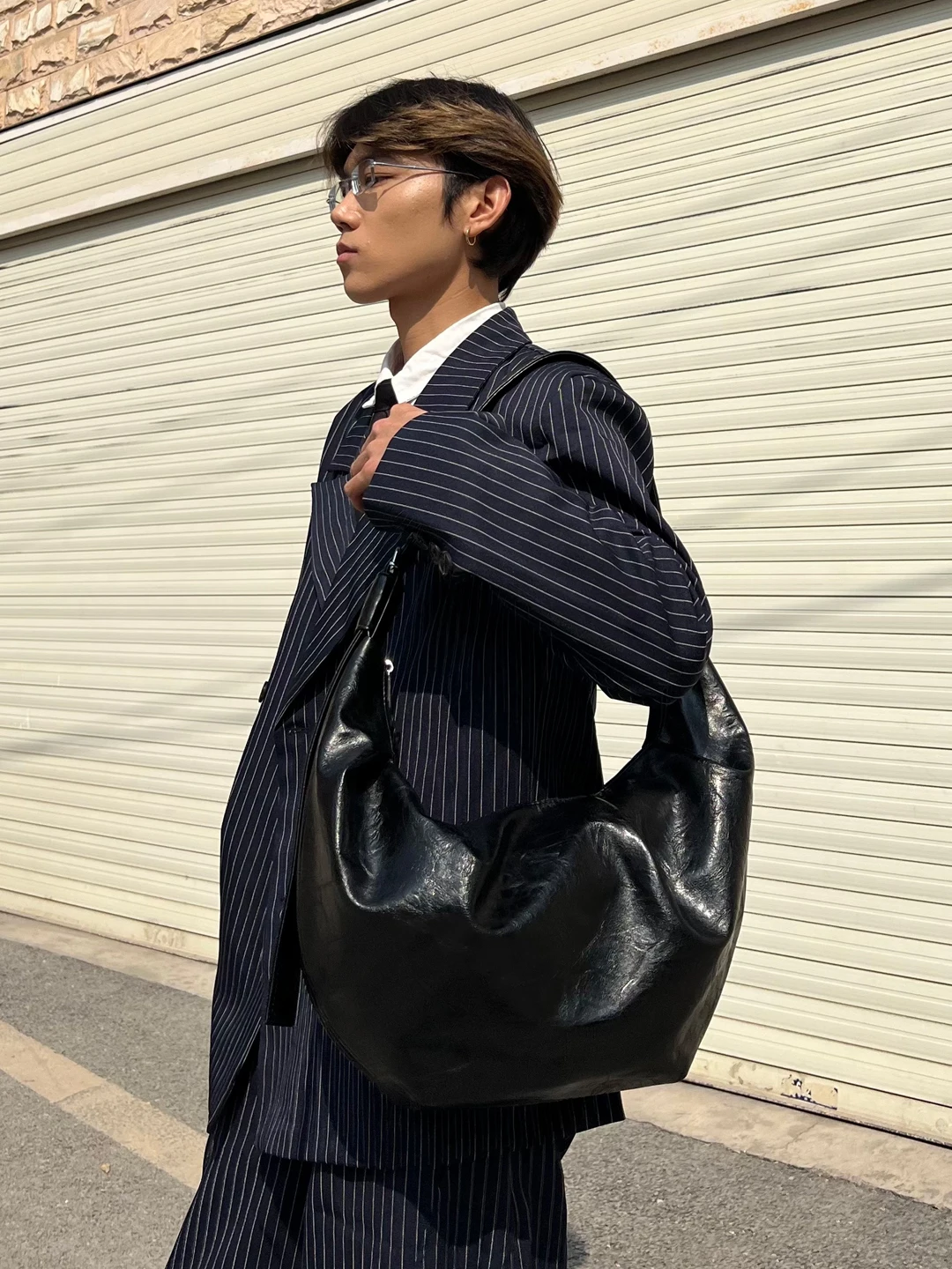 Laid-back Style Wide Shoulder Strap Soft Leather Horn Shape Tote Bag Unisex Casual Crossbody Bag Korean Style Pure Color