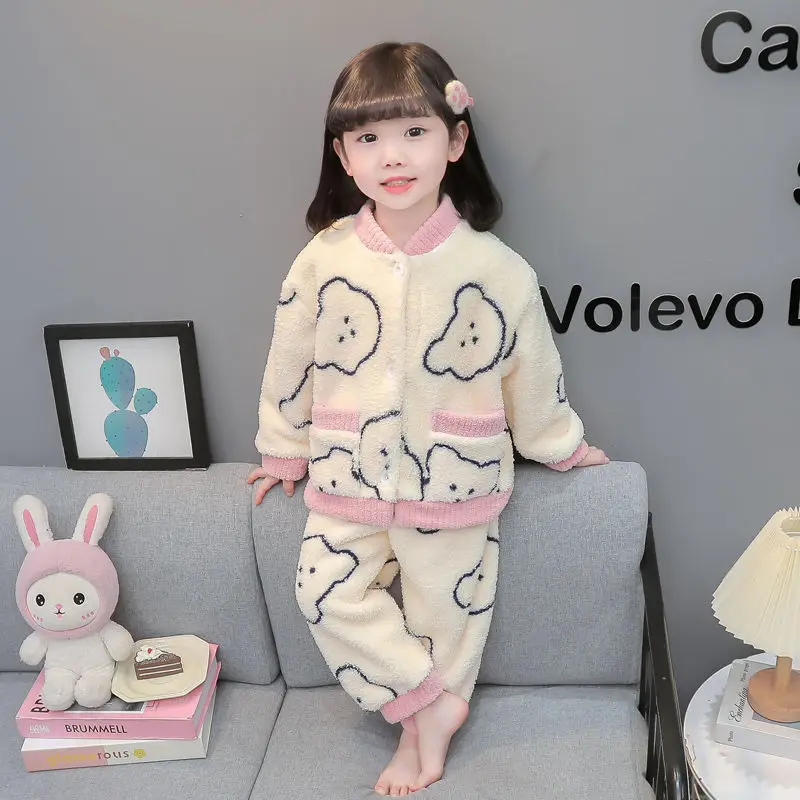 Langarm-Nachtwäsche-Set für Mädchen, Herbst/Winter 2022, neues Korallensamt, Damen-Baby-Kleidungsset aus dickem Flanell für Kinder zu Hause