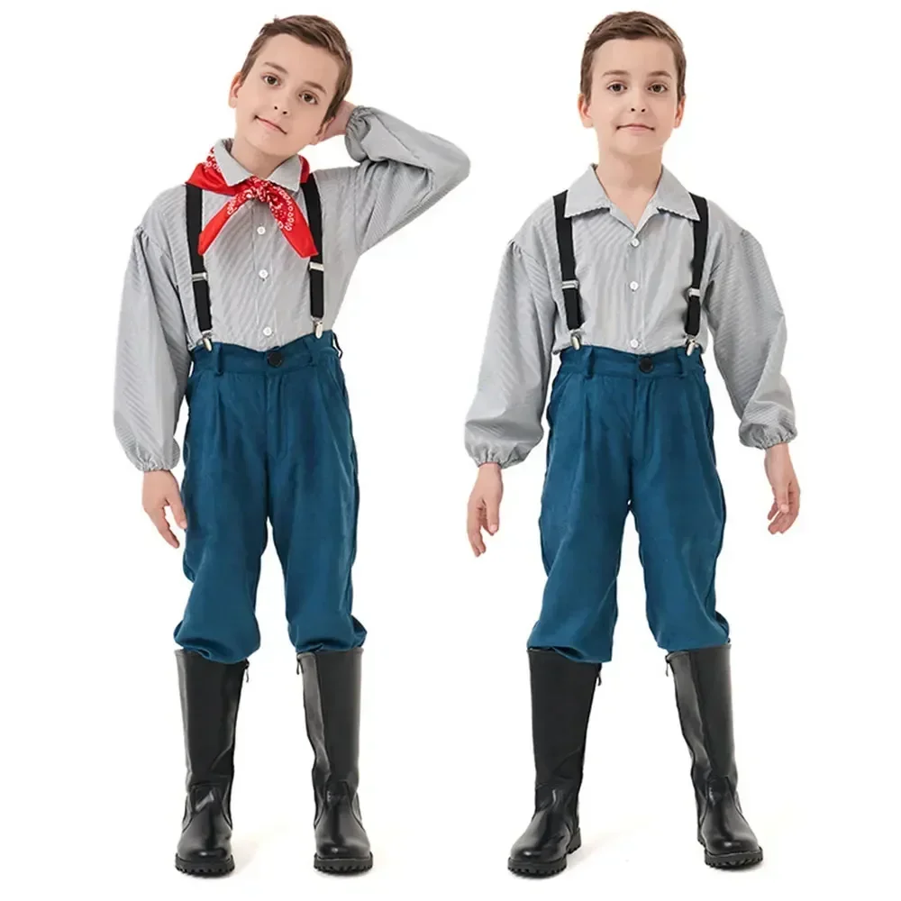Vitoriano colonial aldeia fazenda pradaria pioneiro traje para crianças meninos alpes suspensórios cosplay festa de carnaval
