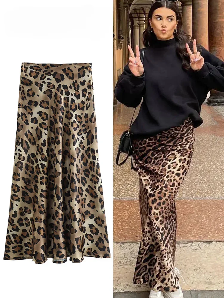 Mooyufon 2024 falda con estampado de leopardo a la moda para mujer, faldas por debajo de la rodilla Vintage de cintura alta, falda elegante informal de verano para mujer