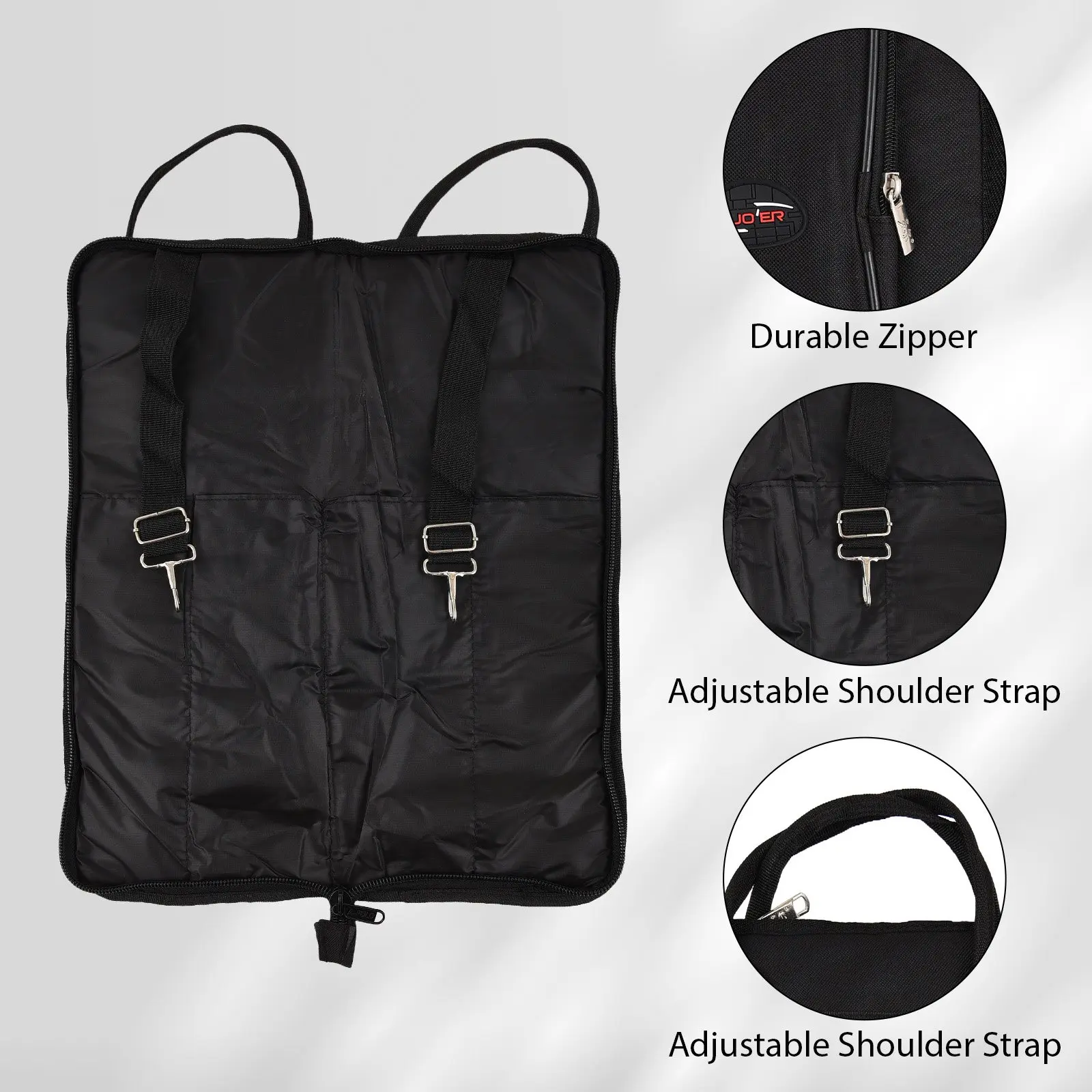 Portable drumstick case – holds 4 or 6 pairs of drumsticks; can be carried on the back or by hand; shock-absorbent drumstick bag