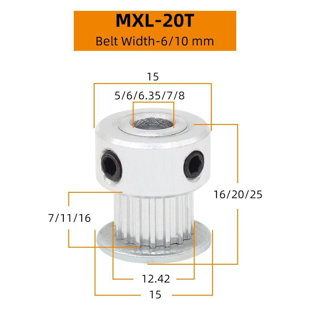 20T 22T MXL Timing pulley Pitch 2.032mm Bore 5/6/6.35/7/8mm For width 6mm 10mm 15mm MXL Pulley Belt 3D printer Parts