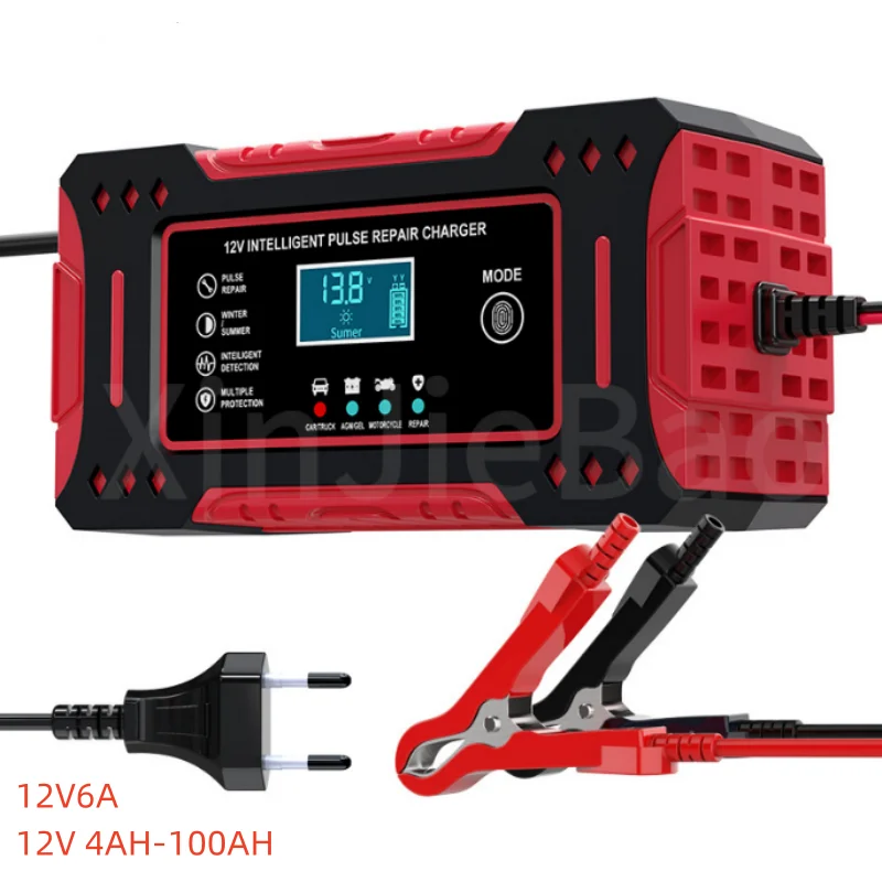 6A 12V Intelligent Car Battery Charger Car and Motorcycle Battery Charging Unit Lead-Acid Battery Repair LCD Display