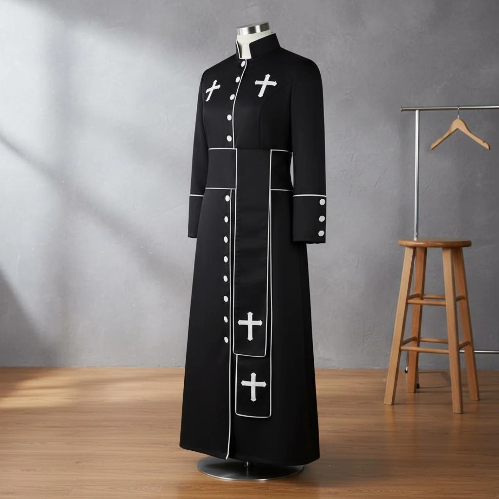 

Button-down Clergy Robe Contrasting Piping Button-Front Robe Long Sleeves Elegant Design