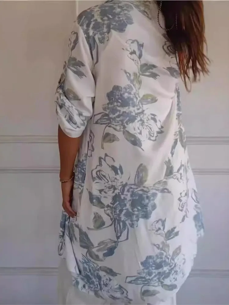 ชุดเดรสพิมพ์ลายดอกไม้ลําลองสําหรับผู้หญิงแฟชั่น V คอยาวแขนยาวชุดหลวมหญิงวันหยุดเสื้อผ้าสตรีฤดูใบไม้ผลิฤดูร้อน