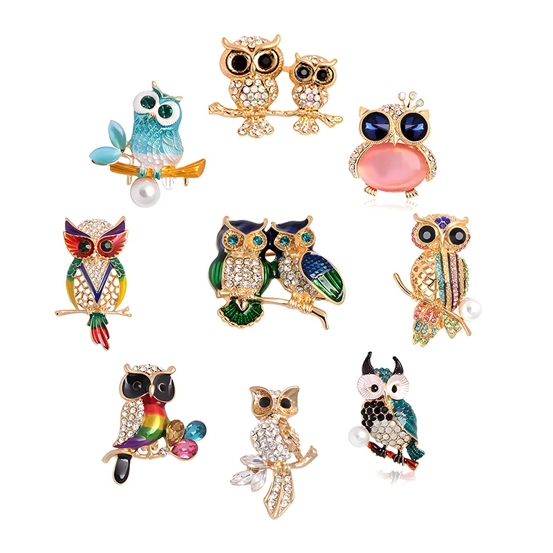 

Exquisite Rhinestone Owl Brooches 9 Piece Pack Special Offer Personalized Colorful Enamel Cute Birds Brooch Fashion Jewelry Gift