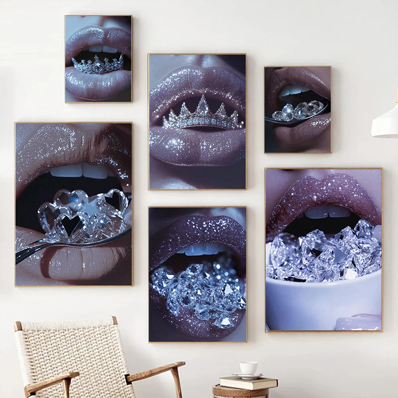 Classic Sexy Temptation Charming Lips Diamond Display Posters Canvas Paintings Wall Art Pictures Jewelry Store Beauty Shop De