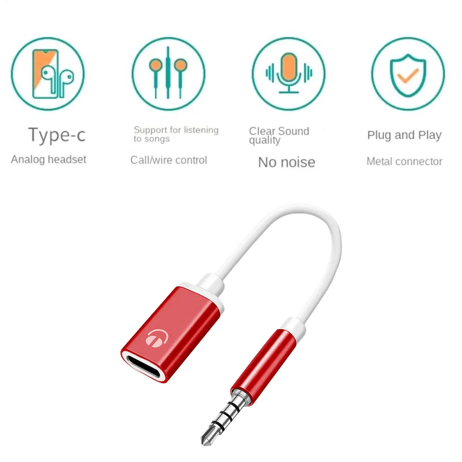Cabo de Áudio AUX 3.5mm Macho para Tipo-C Fêmea, Adaptador de Fone de Ouvido de Cabeça Plana para Alto-Falante Automotivo de Cabeça Redonda, Conversor para Celular
