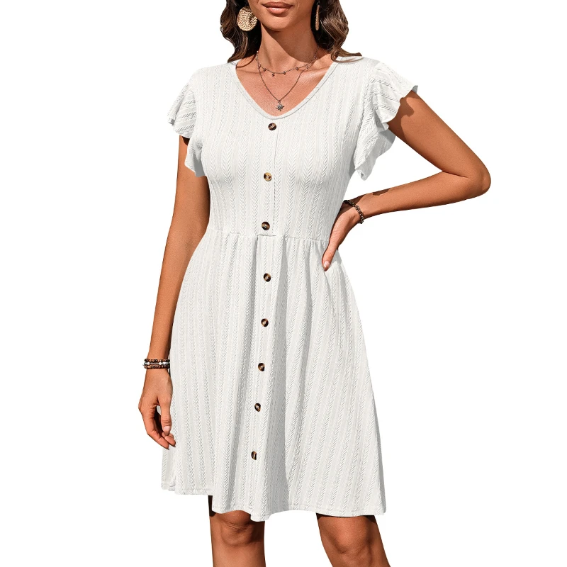 

Womens Spring/Summer Solid V Neck Button Waist Elastic Short Sleeved Dress Ladies Knee Length Dresses Women Casual Dress2024 New