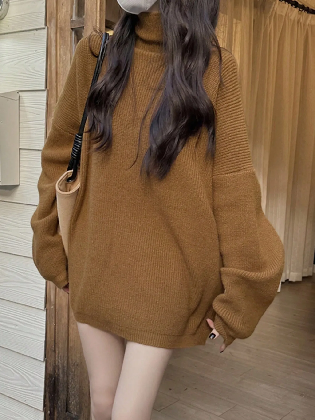 Korean Chic Autumn and Winter Sexys Retro Lazy Knitted Tops Missing Loose Mid-Length High Collar Individual Women