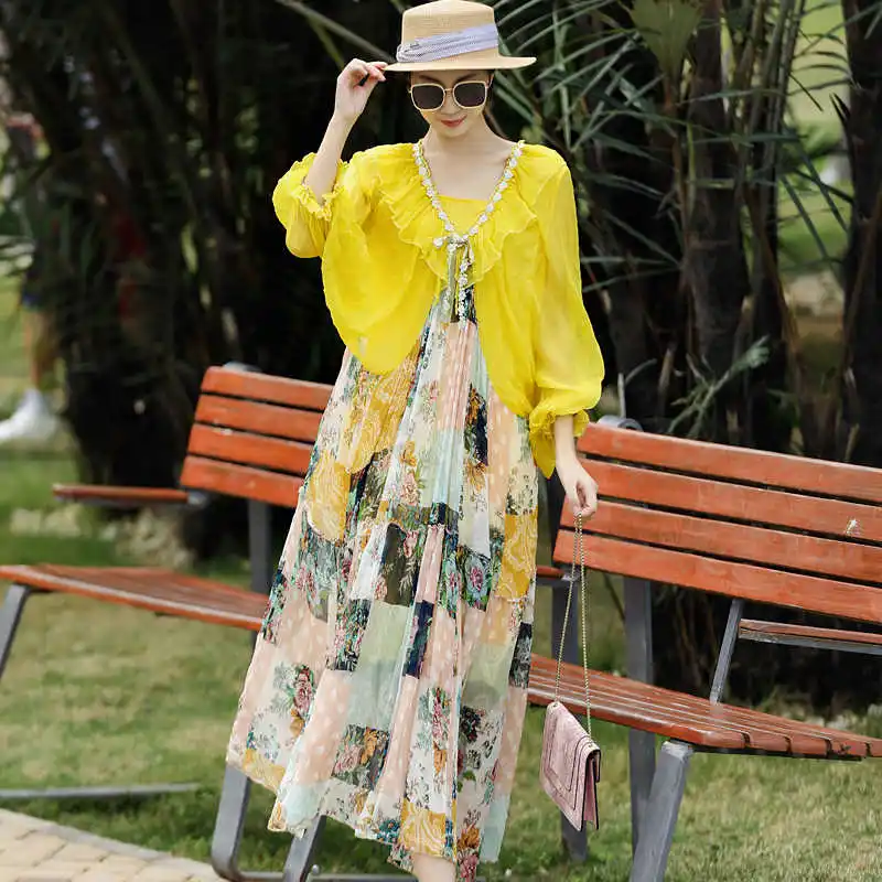 

Spring/Summer High end V-Neck Bat Sleeves Loose Women's Fashion Splicing+Printed Women's Silk Beach Dress One Size