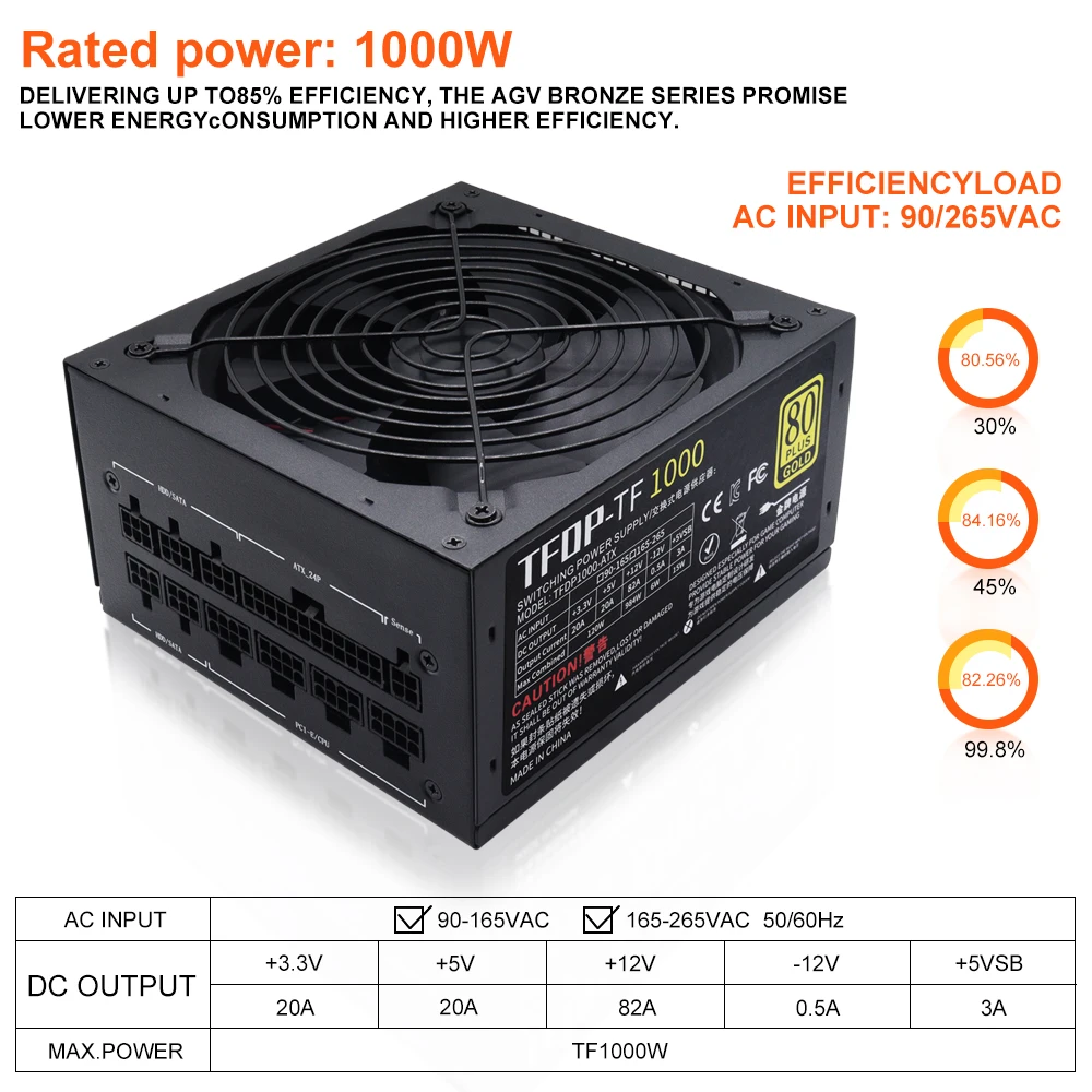 T.F.SKYWINDINL 1000 Watt Power Supply Gold Full Moulder 1000W PC PSU For Gaming Computer