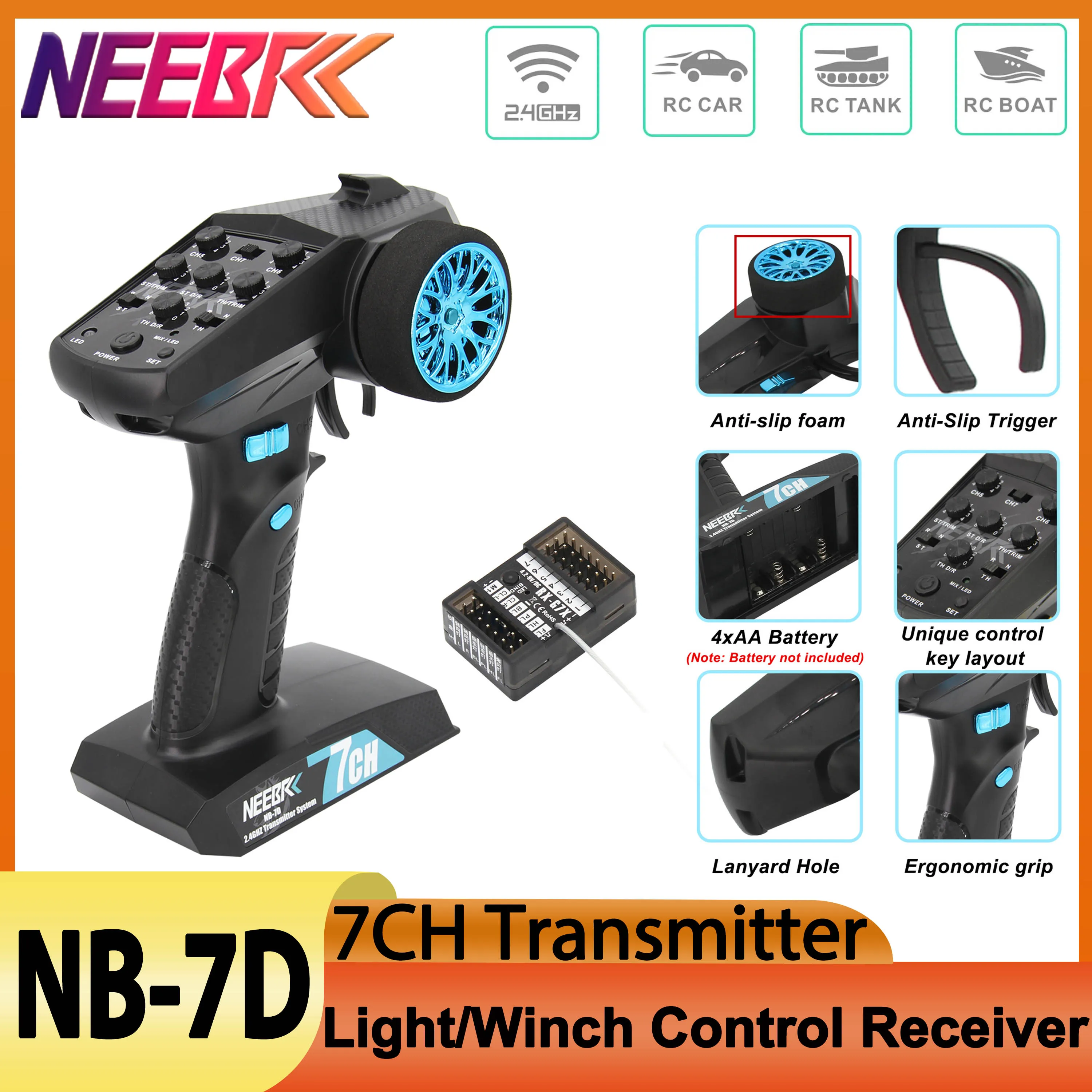 NEEBRC 7-kanałowy system radiowy 2.4G, wodoodporny kontroler wciągarki 3 w 1 z kontrolą światła, odbiornik do samochodów RC, czołgów, łodzi, części do zabawek