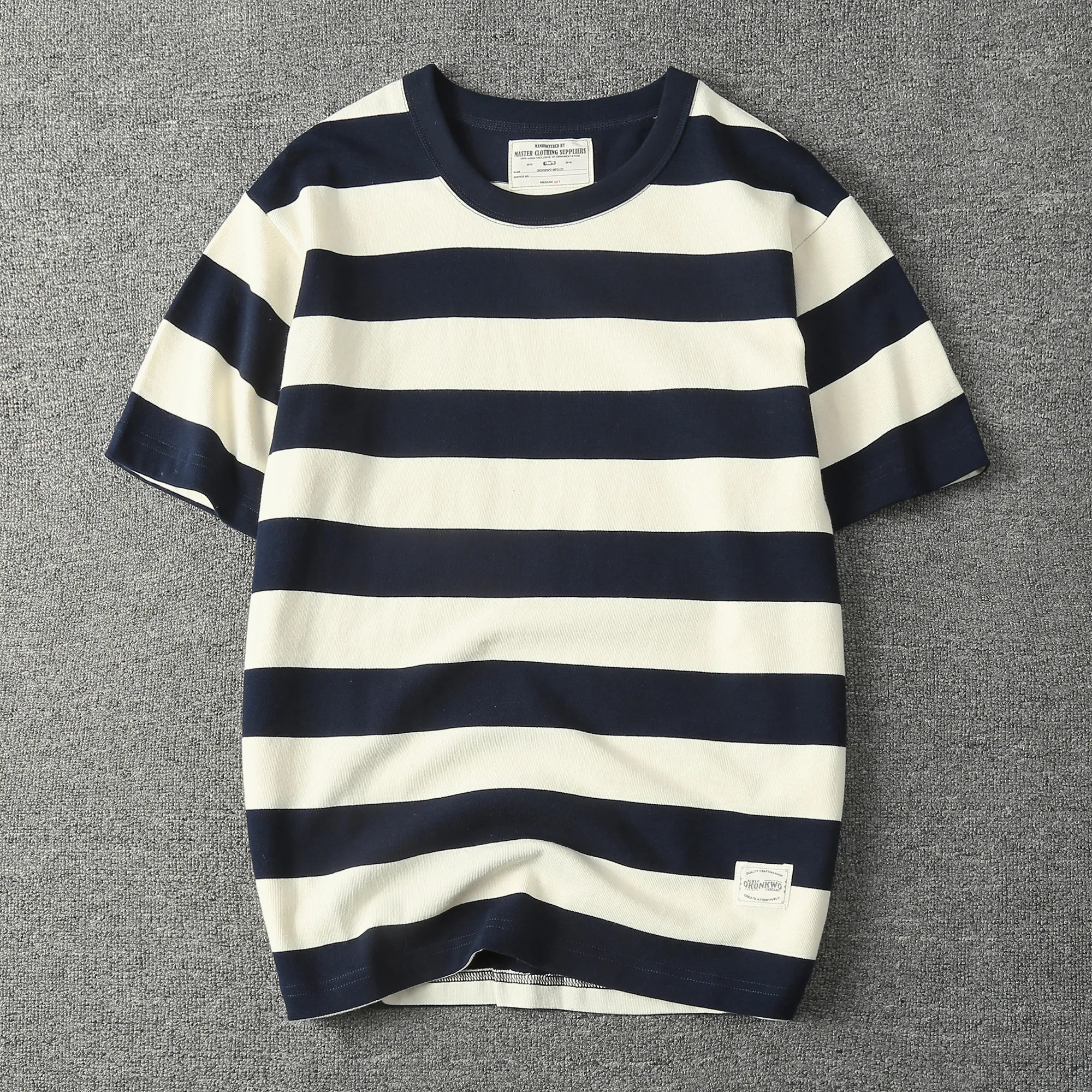 2026 Summer New American Heavyweight Short-sleeved O-neck Wide Striped T-shirt Men's Fashion Simple 100%Cotton Casual Sport Tops