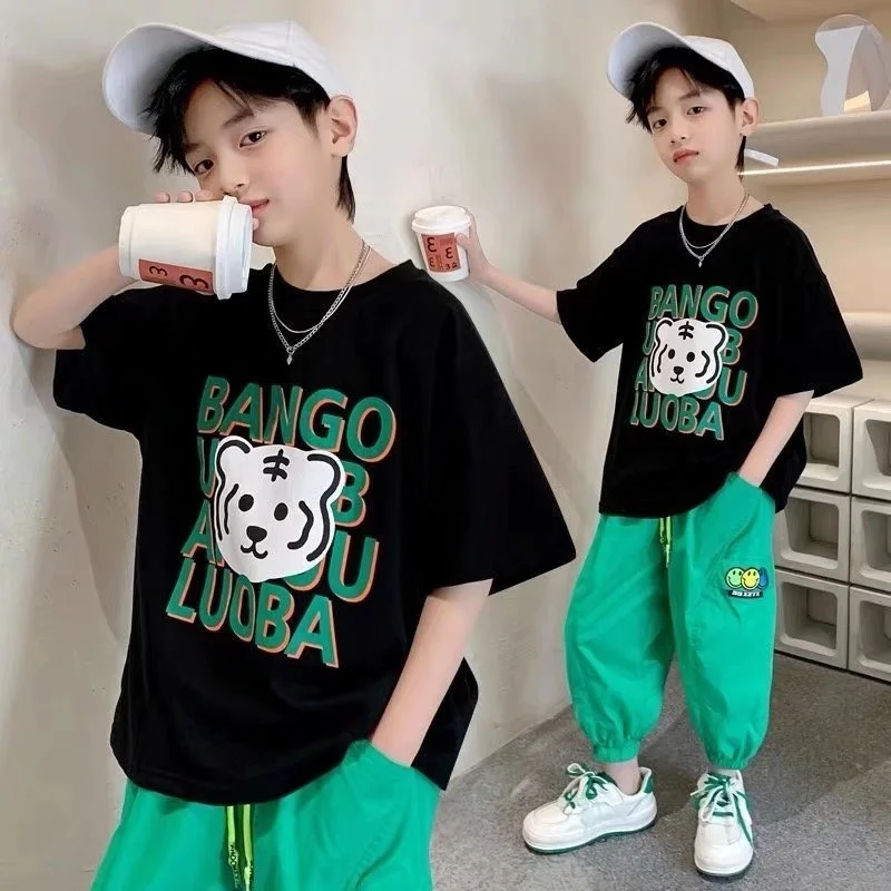 Children's Round Neck New Temperament Summer T-shirt Five-point Sleeve Simple Trend All-match Korean Style Children's Clothing