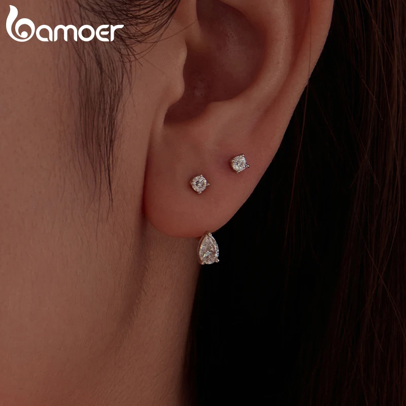 BAMOER 0.5CT Moissanite Stud Earrings 925 Sterling Silver Front & Back Hoop Earrings Two Ways to Wear for Women Fine Jewelry