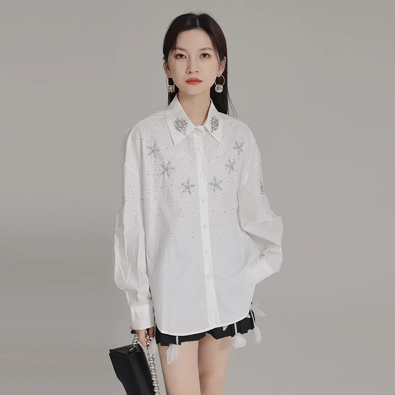 2024 New Loose Style Unique Women's Long Sleeved Shirt Designing with Heavy Industry Star Hot Diamond