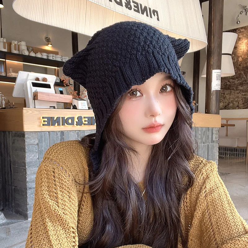 2022 Cute Korean Version Ear Knitting Hat Fashion Lamb Ear Protection Lei Feng Cap Autumn Winter Girl Skull Beanie Hats Gorras