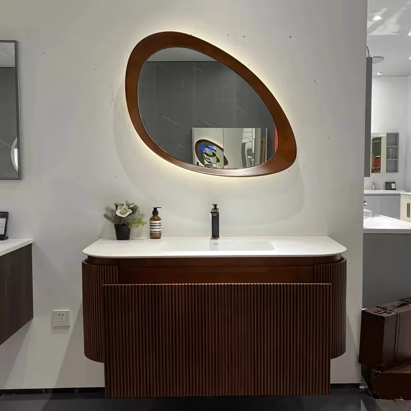 Fluted Plywood Sintered Stone Bathroom Vanity Unit with Ceramic Basin Sink for Hotel