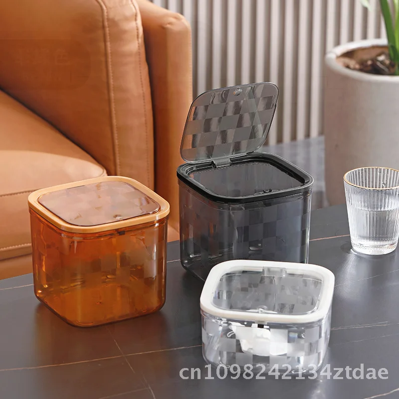 

Light Luxury Transparent Desktop Trash Can Mini Oval Shape Plaid Printed for Office Living Room Yellow/Black 4L Capacity without