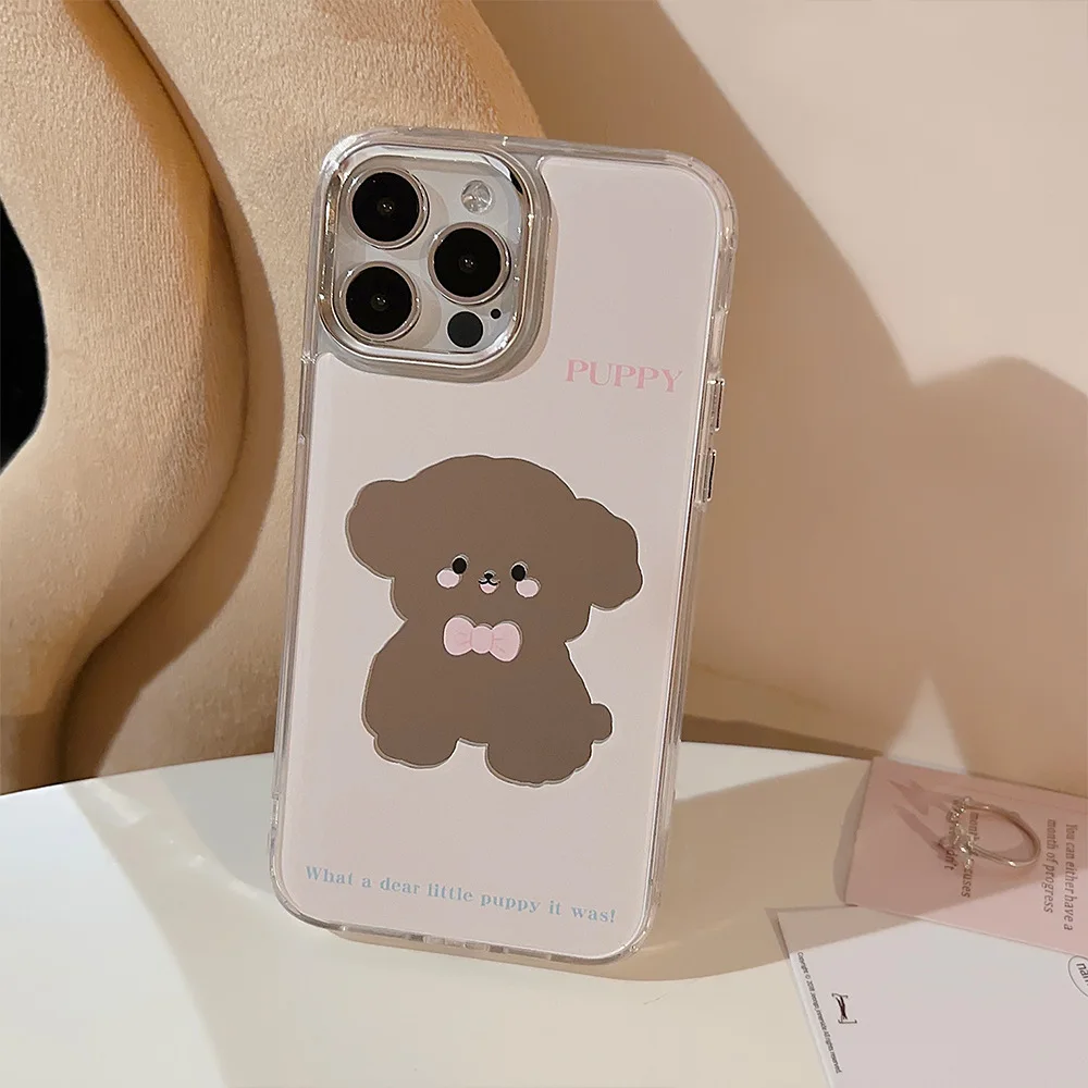 Koreanische süße Cartoon-Welpen-Make-up-Spiegel-Beschichtung Handyhülle für iPhone 16, 15, 14, 13, 12, 11, Pro Max, stoßfeste Schutzhülle