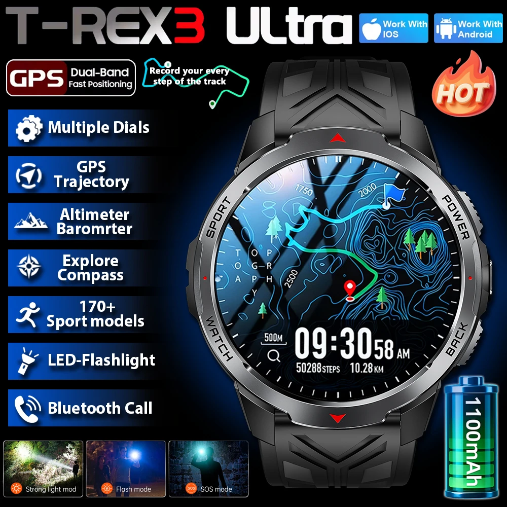 

Новые умные часы T-Rex3 с аккумулятором 1100 мАч, прочные, для взрослых, с GPS-трекером, компасом, водонепроницаемостью 5ATM, функцией Bluetooth-звонков и спортивными функциями, экран 1,7 дюйма.