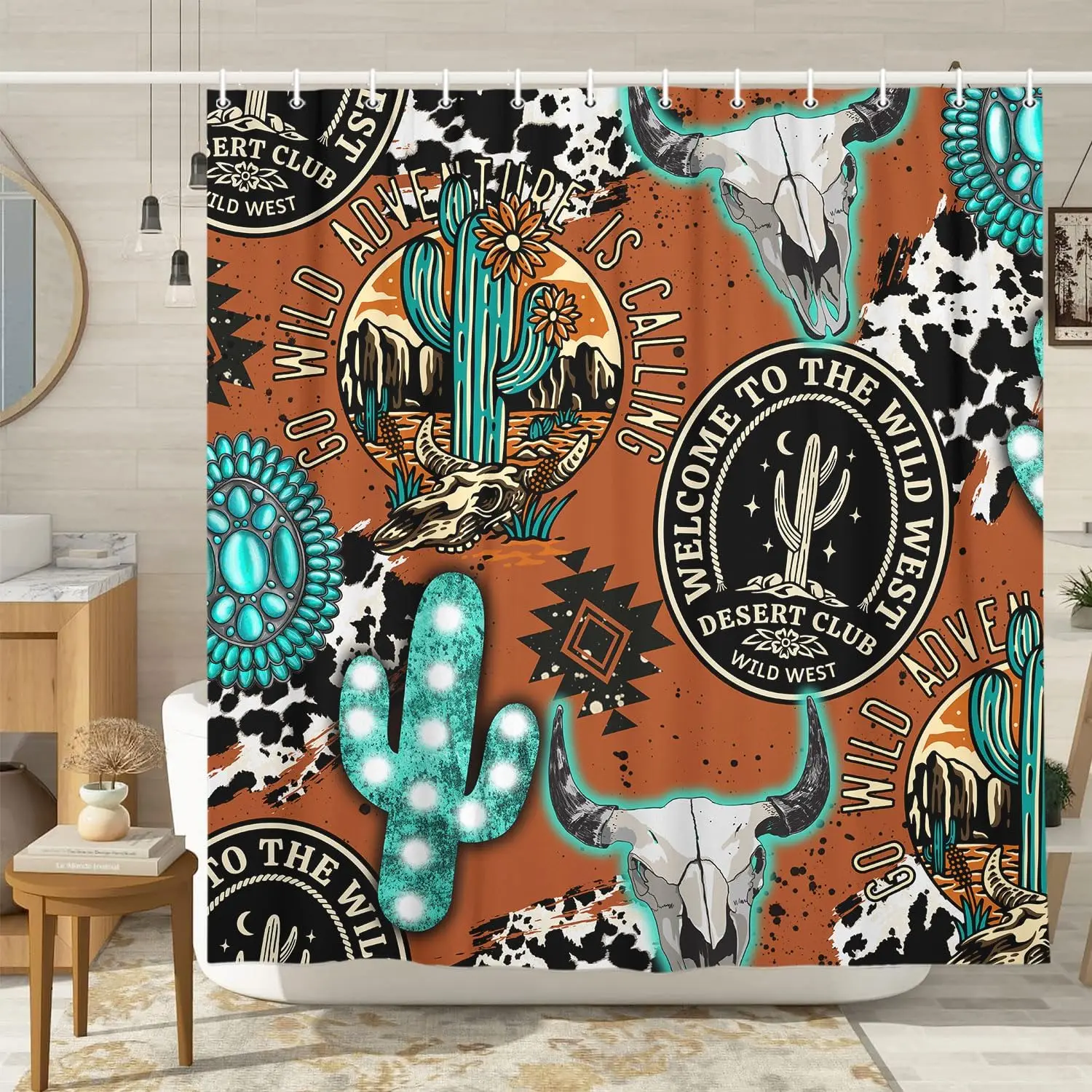 Cortina de ducha estilo bohemio occidental con estampado de vaca y piedra turquesa con calavera de toro, cortina de baño de vaquero del oeste salvaje de Cactus, Rancho rústico Rodeo