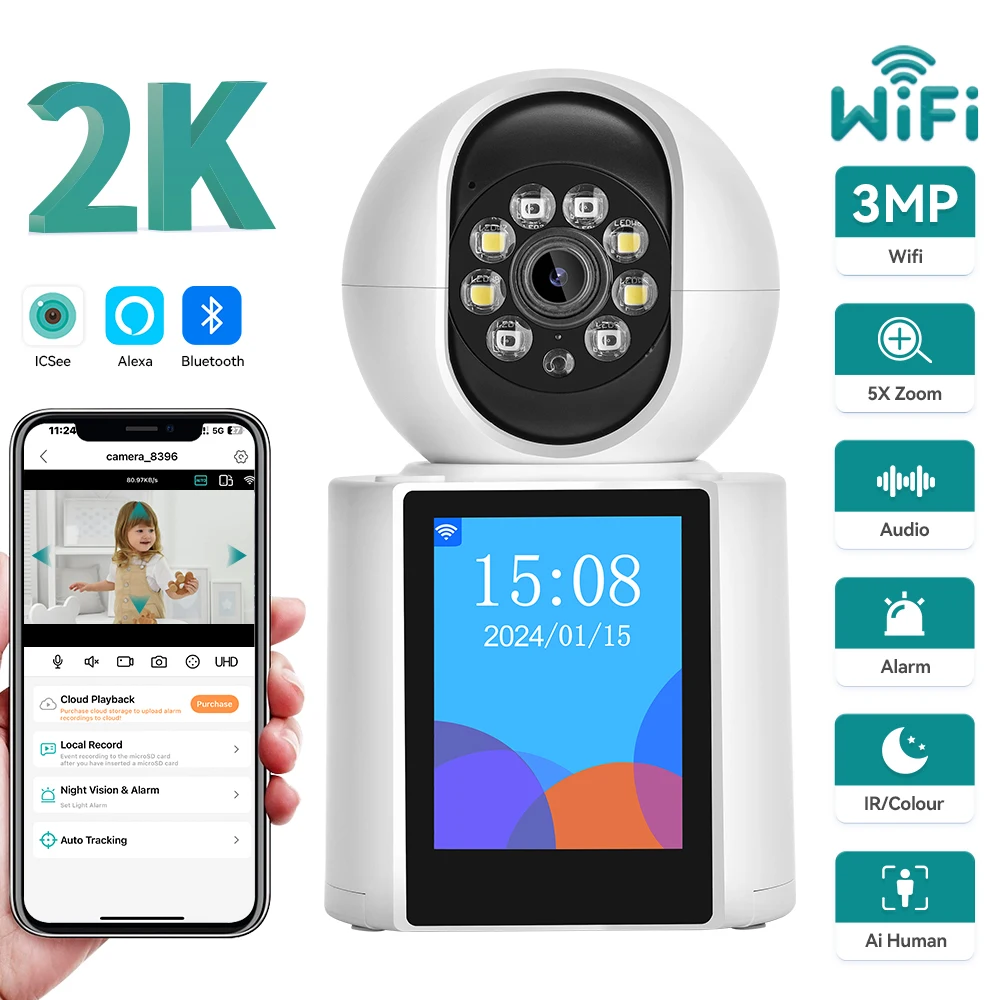 

3MP WIFI Camera Baby Monitor 2.8 inch Screen Two Way Audio Video Calling PTZ Wifi IP Camera ICSEE Smart Home Security Camera