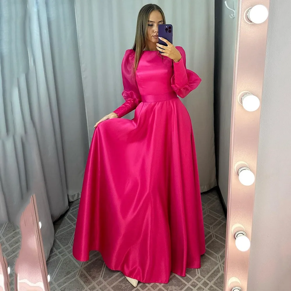 

Customized Long Sleeve Evening Gown Solid Color Round Neck Middle Eastern Dress Prom Dresses A-line Muslim Clothing فساتين سهرة