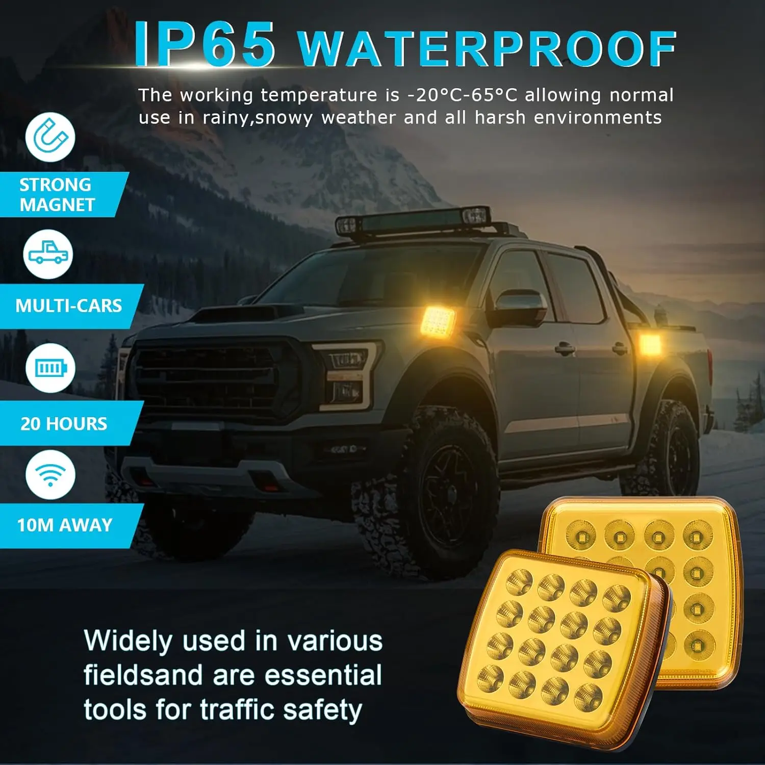 Wireless LED Emergency Strobe Light Kit, Rechargeable Battery Powered, Magnetic Mount, Amber Plastic 2-Pack for Vehicles