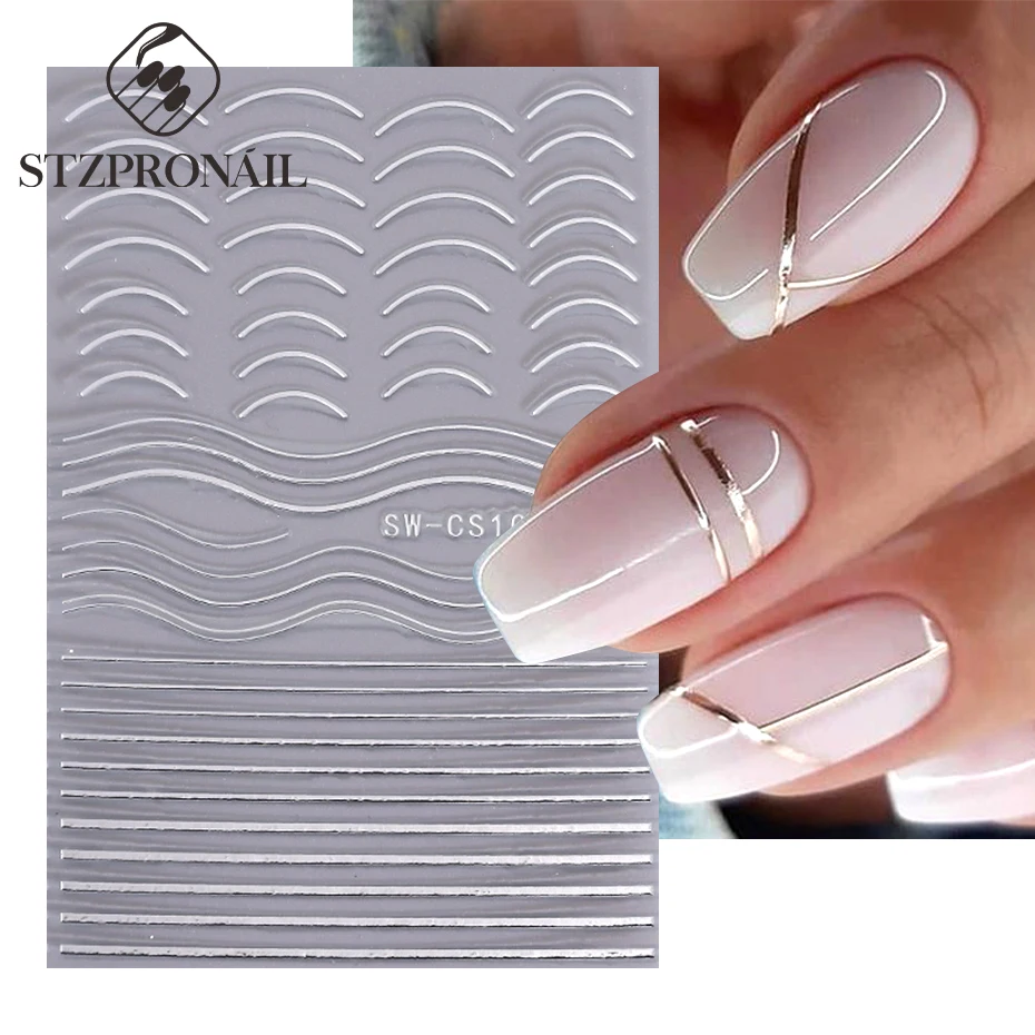 3D Gold Silver Lines Nail Sticker French Abstract Waved Stripe Slider Butterfly Heart Decals Nail Art Nails Accessories Tools