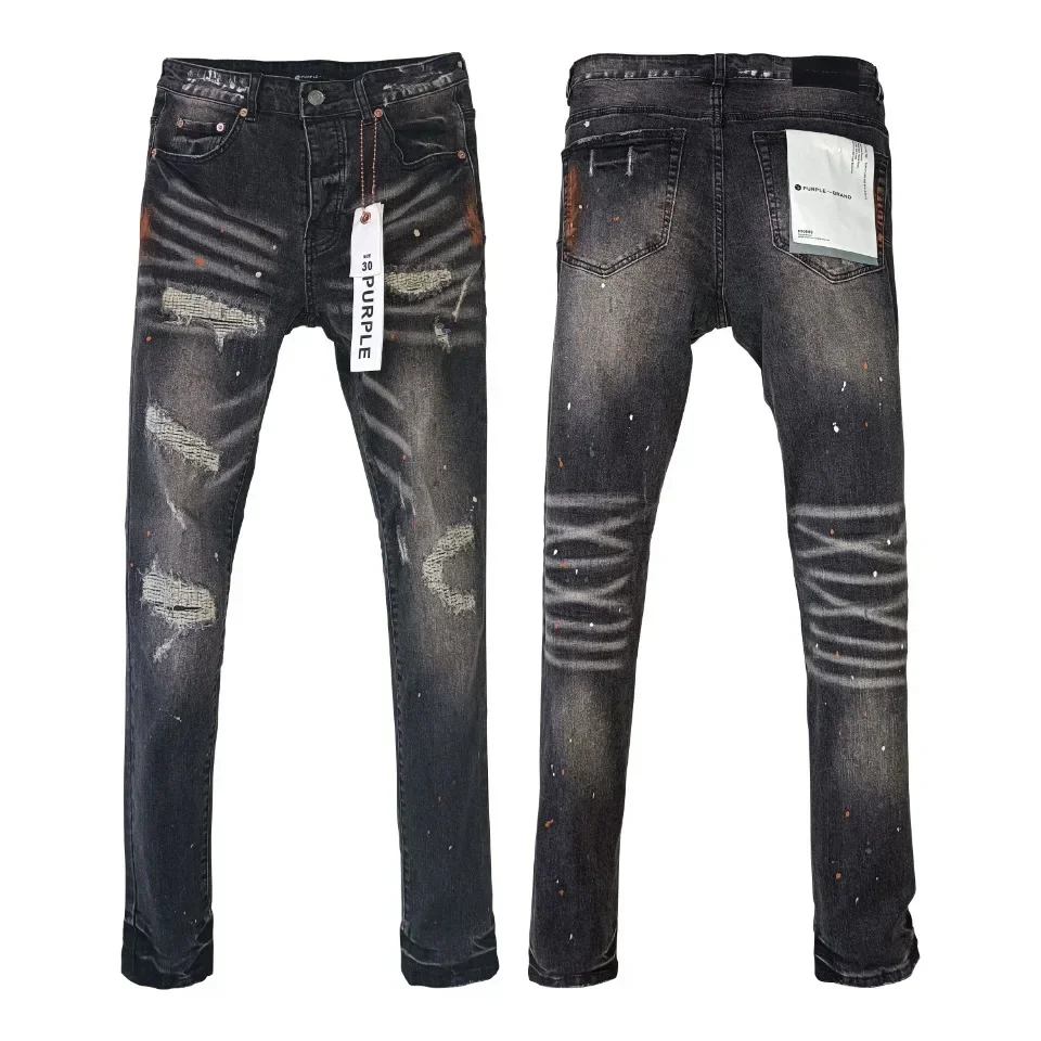 

High qualityHigh-quality Purple Brand jeans hip-hop washed jeans Label Tinted Black Repair Low Raise Skinny Denim pants