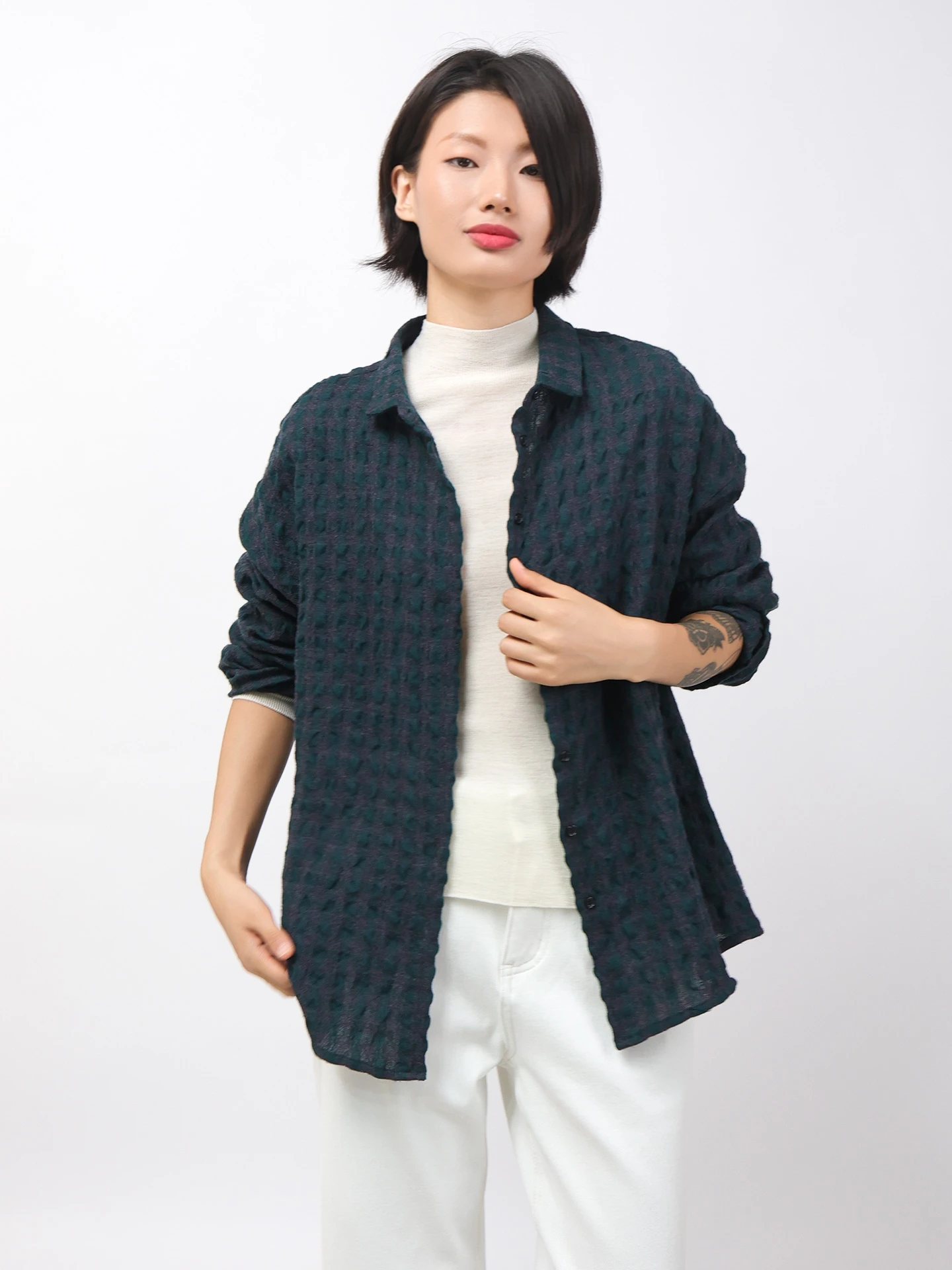 

Thi шерстяной клетчатый пузырь Bubble irt Brued Color тканый шерстяной художественный женский повседневный длинный свек с квадратным воротником