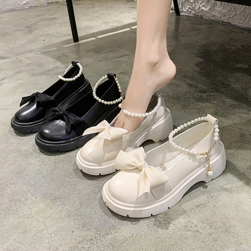 Fashion Mary Jane Shoes Women 2024 Spring/summer New Pearl Bow Single Shoe Chunky Heel Small Leather Shoes