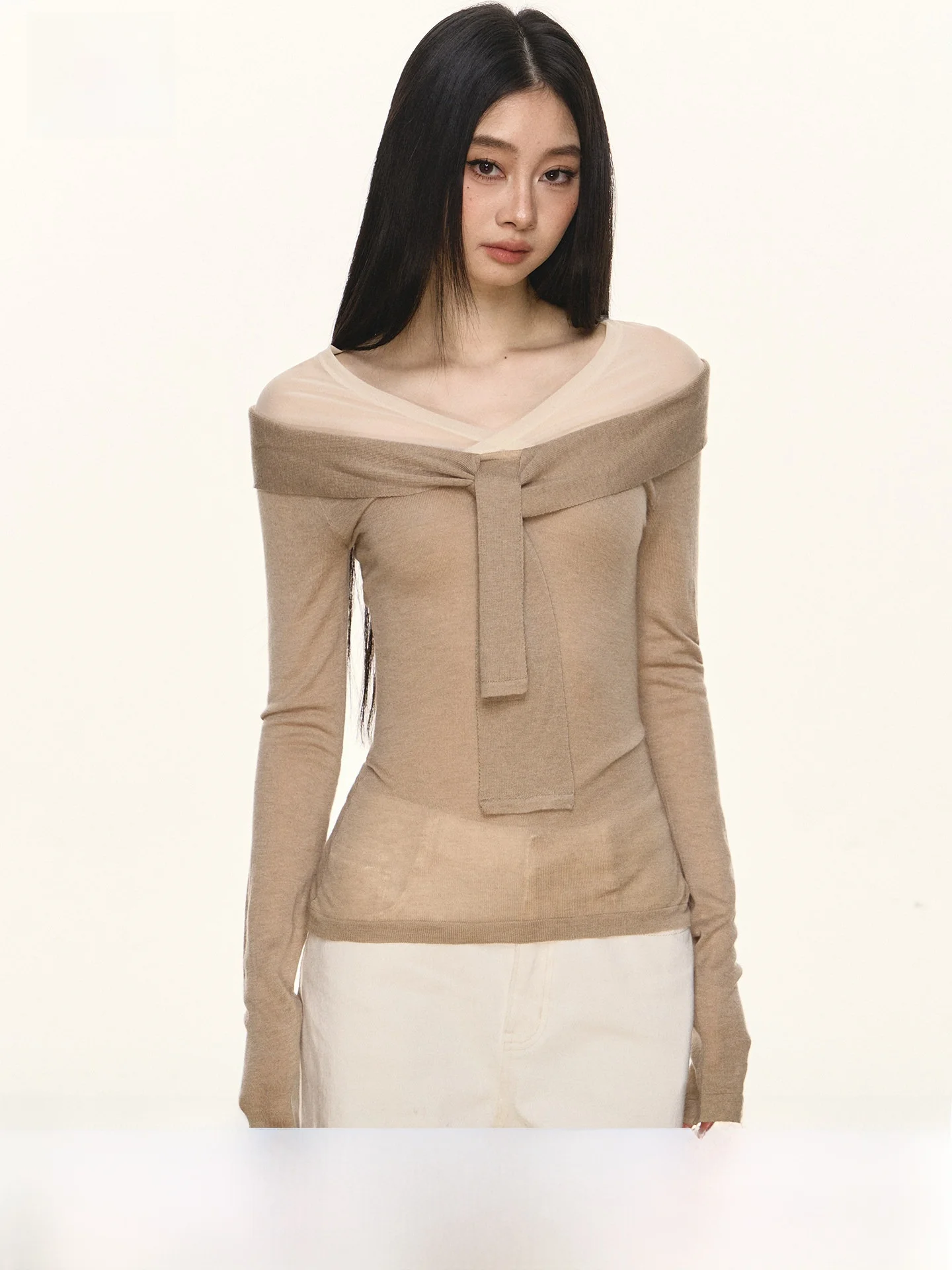 Camiseta Larga para Mujer ANNA ANEAE, Diseño con Nudo, Capa Base, Estilo Casual, Ajustada, Moderna, para Otoño...