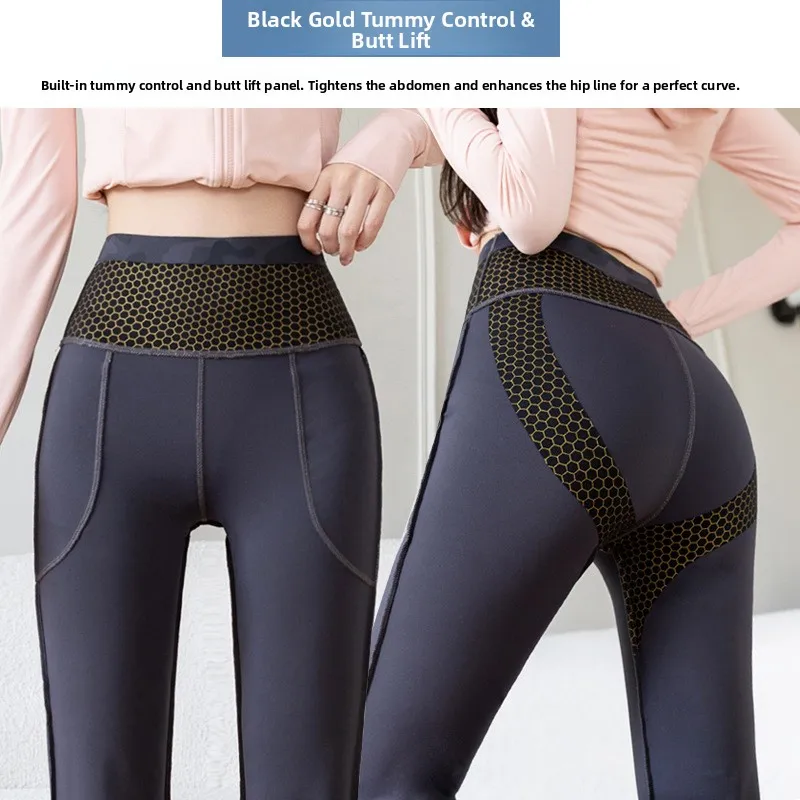 ハイウエストベルボトムヨガパンツ ダブルケットアーク マイクロフレアパンツ 大きいサイズ お腹シェイプ アウターウェア ブラゴールド バットリフト...
