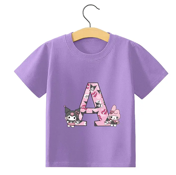 

2025 Sanrio Summer Casual Melody Child T-shirt Cartoon 26 Letters Print Short Sleeve Pullover Girls Cute Top Breathable Clothing