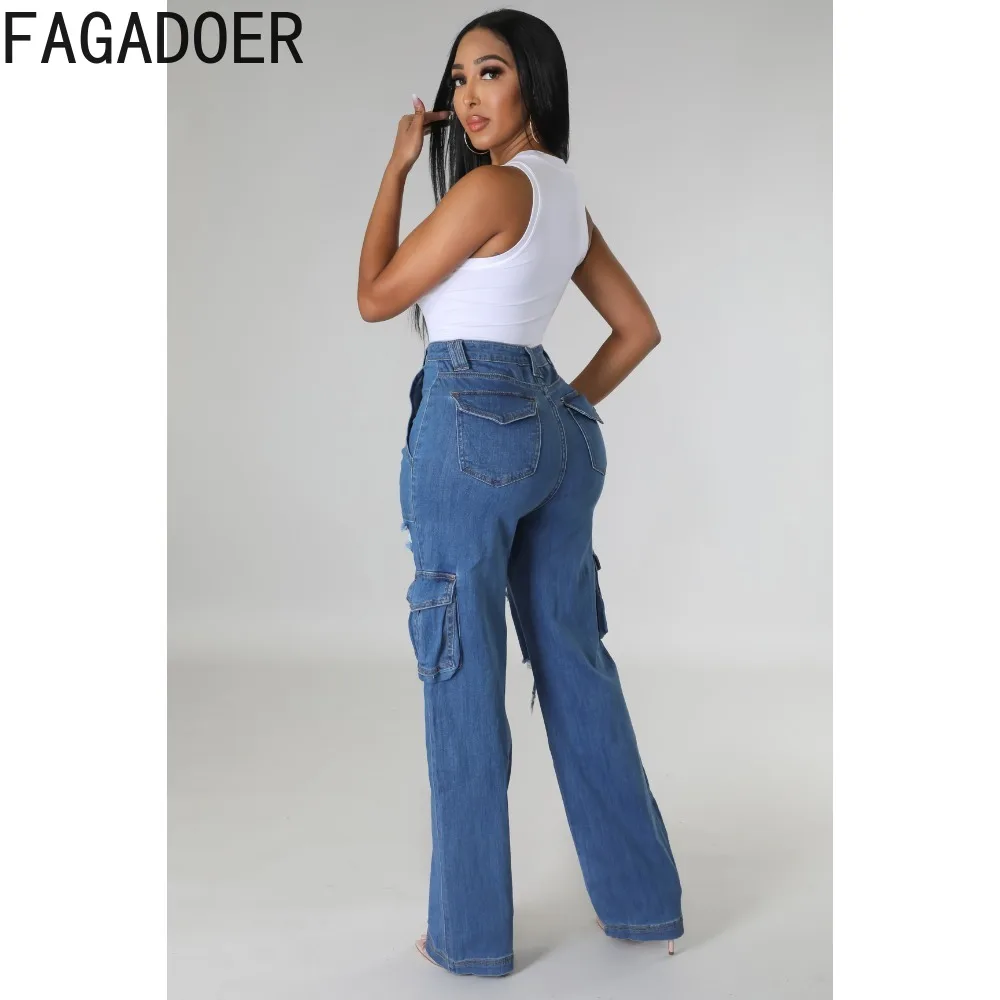 FAGADOER Blue Fashion Denim Hole Straight Pants Women High Waist Button Pocket Loose Jean Trousers Casual Female Cowboy Bottoms