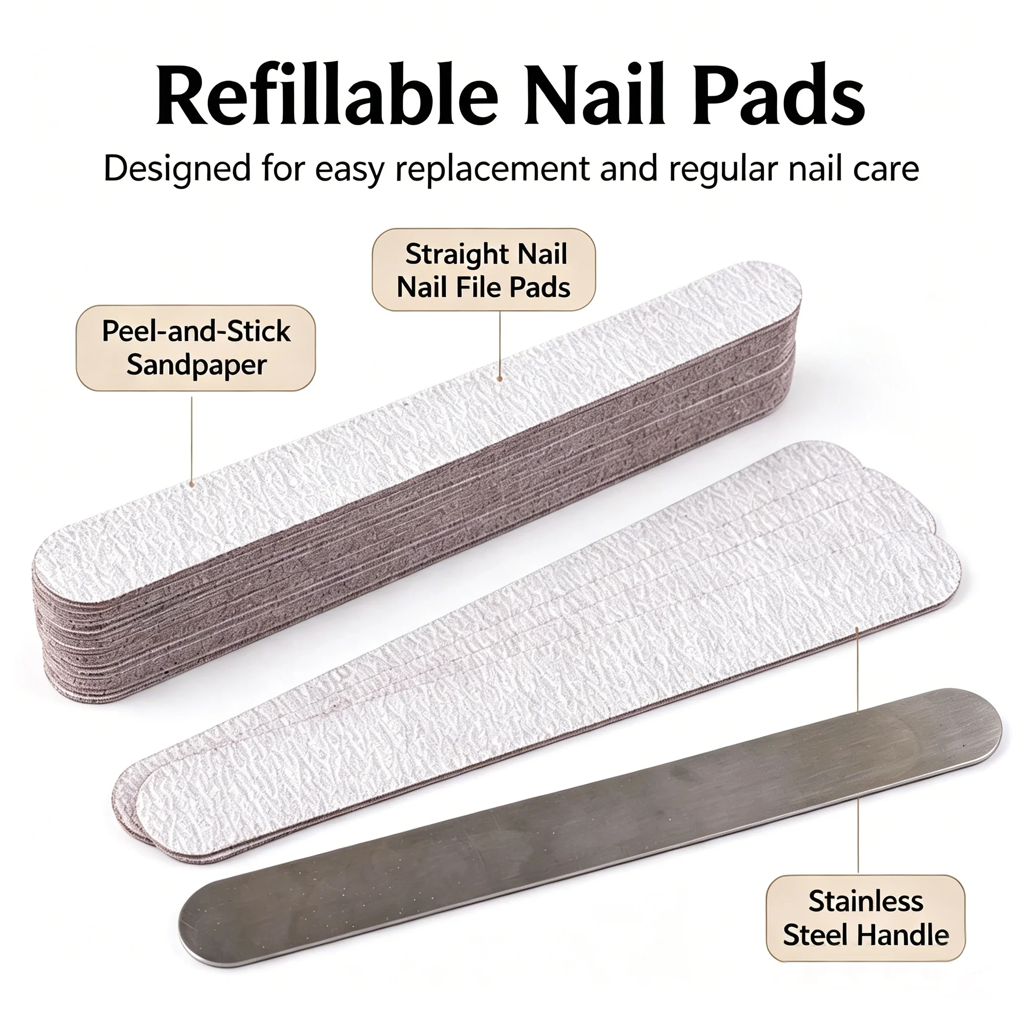 300Pcs Peel and Stick Nail Sandpaper Refills Reusable Stainless Steel Handle Nail File Pads for Manicure Nail Shaping Cuticle