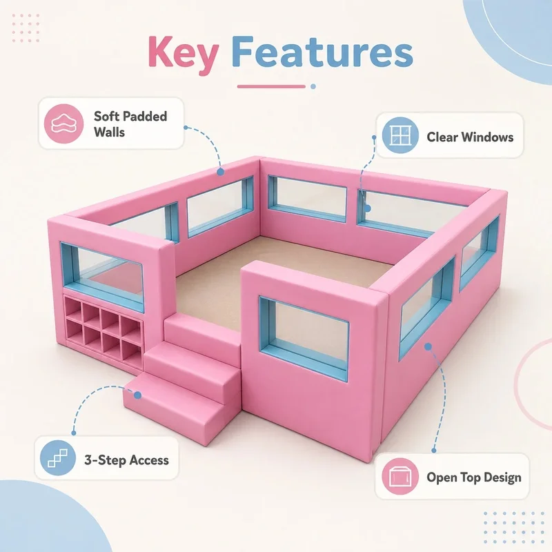 Custom Kids Yellow Purple pink Blue Indoor Soft Play Area Ball Pit with Padded Safety Fence Transparent Windows and Soft Steps