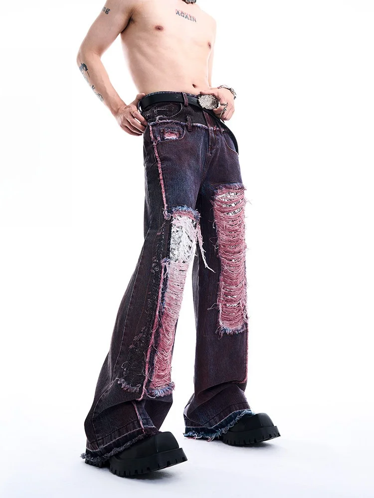 

Men's Straight Leg Jeans iny Sequins Patchwork Dual kets Wear Resistant Autumn Winter High Waist Zipper Fly Casual Trousers