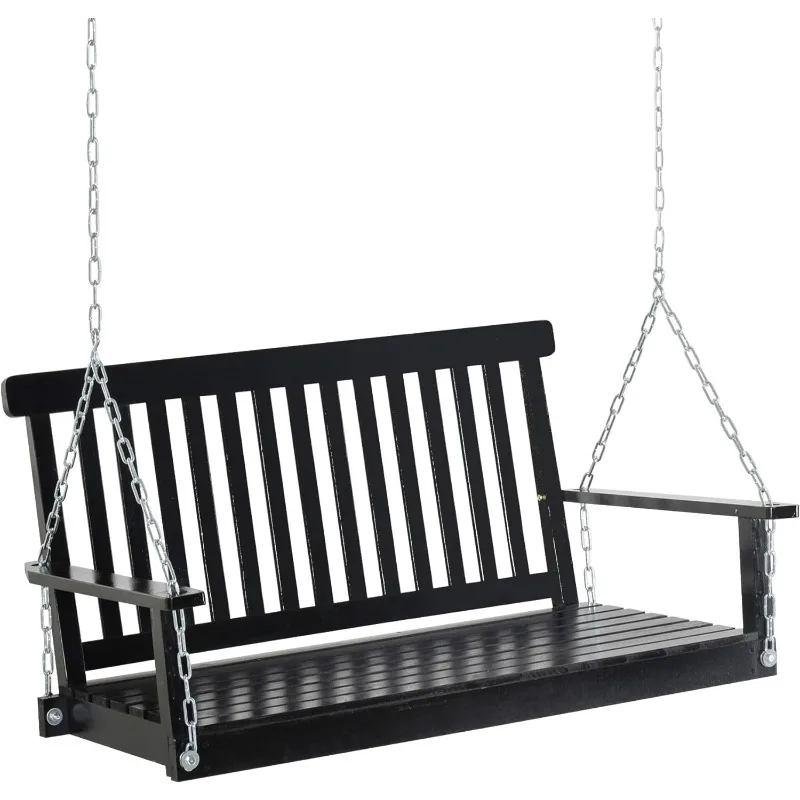 

2-Seater Hanging Porch Swing Outdoor Patio Swing Chair Seat with Slatted Build and Chains, 440lbs Weight Capacity, Black