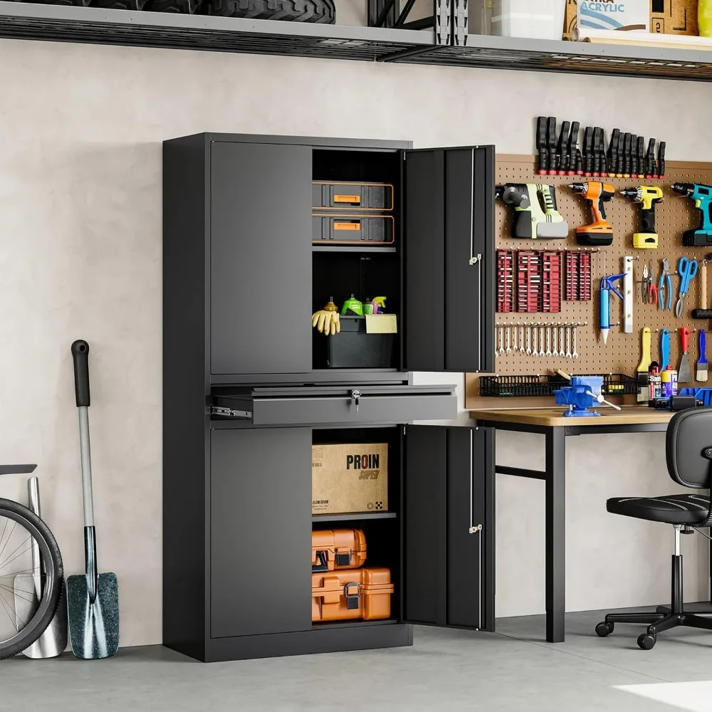 خزانة تخزين جراج معدنية مع أبواب قفل وأرفف قابلة للتعديل، خزانة تخزين أدوات مقاس 71 بوصة مع درج واحد للمرآب #6