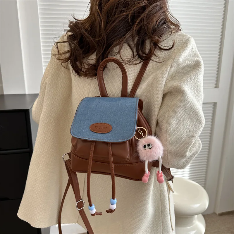 High End Silver Contrasting Color Backpack Small Backpack Women's Soft Leather Ins Niche Minimalist Casual Backpack Decoration