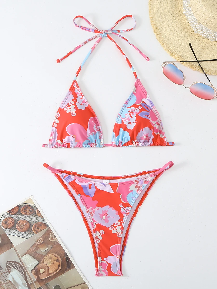 Sexy Floral Mini Thong Bikini Women Swimsuit 2025 Triangle Swimwear Halter Top Bathing Suits Two-piece Biquini Thong Bikinis Set